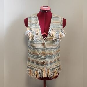 Vintage Pelican Cove Tapestry Vest With Fringe Accents